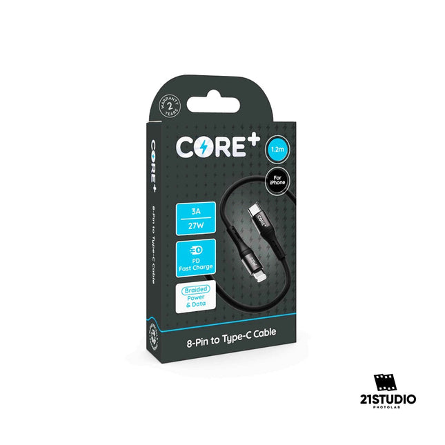 CORE+ 8-Pin to Type-C Cable 1.2m Braided Black 3A 27W PD CORE+