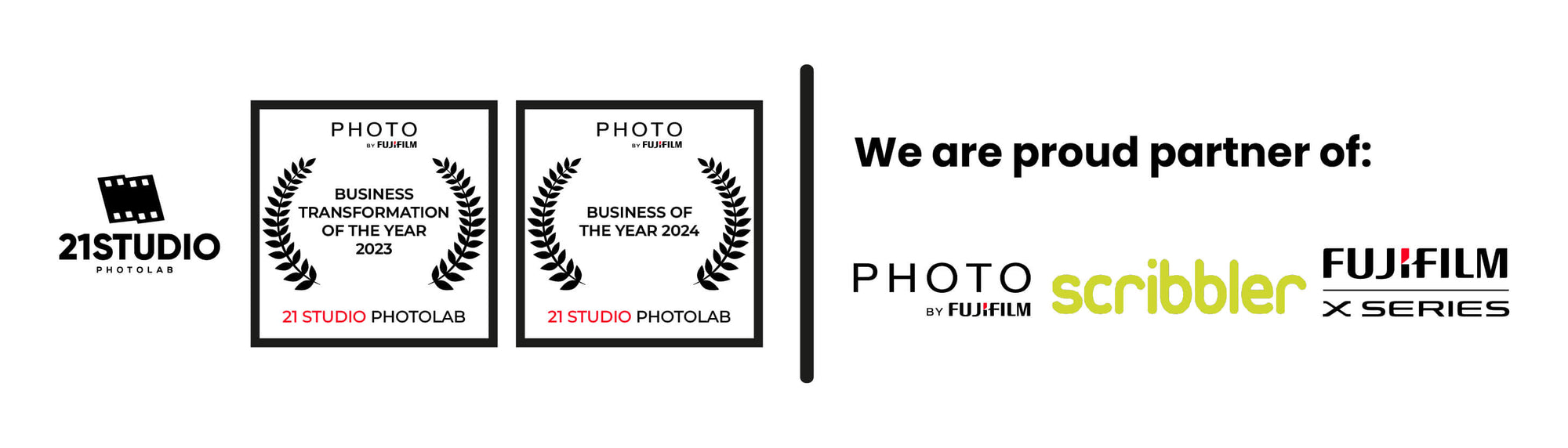 logos that explains the achievements and partners of 21studio photolab