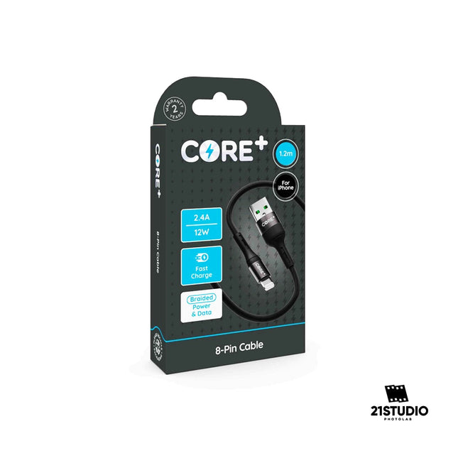 CORE+ 8-Pin Cable 1.2m Braided Black 2.4A 12W Fast Charge CORE+