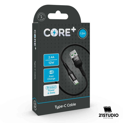 CORE+ Type-C Cable 1.2m Braided Black 2.4A 12W Fast Charge CORE